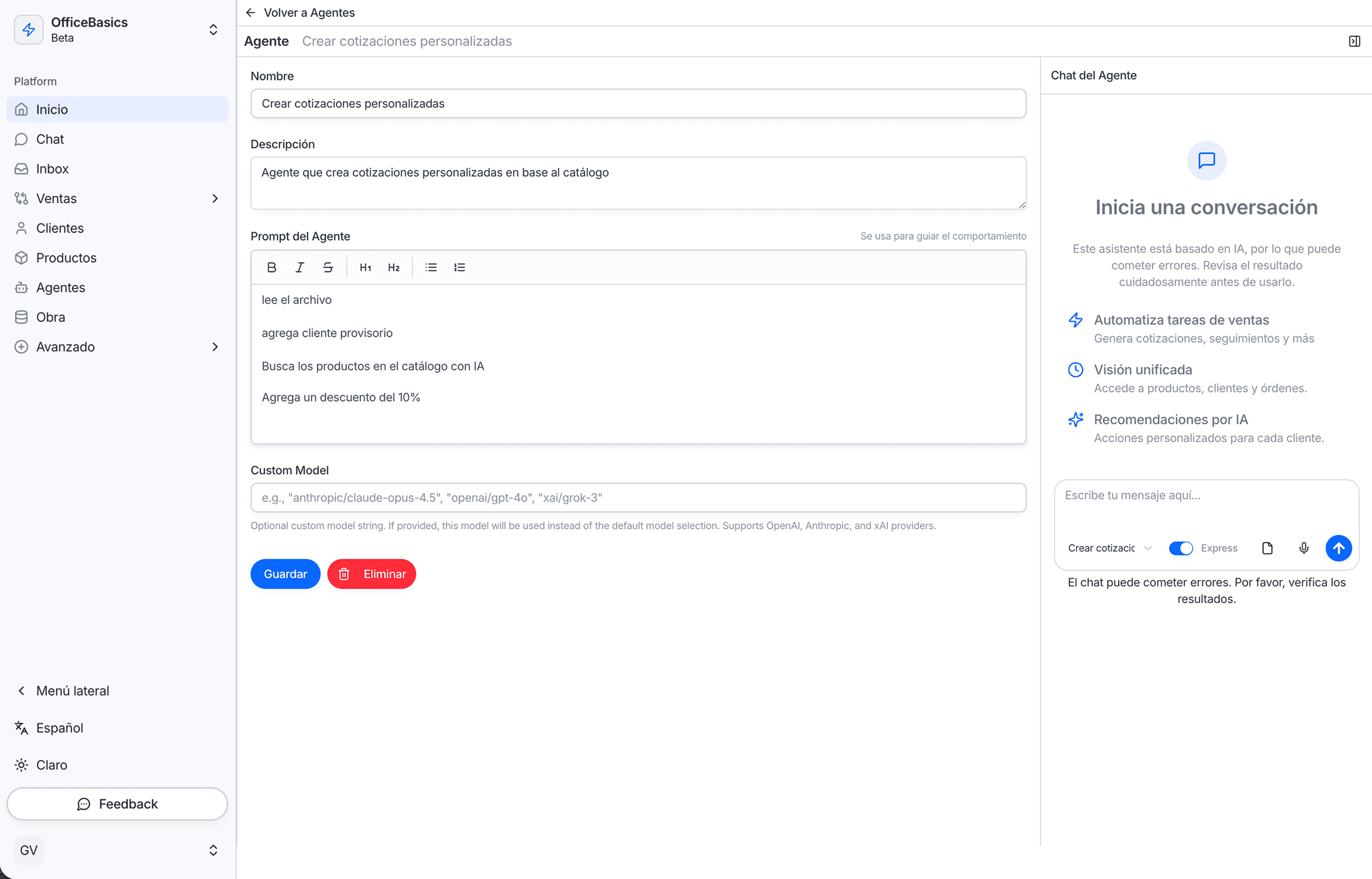 Configuración de flujos con agentes personalizados