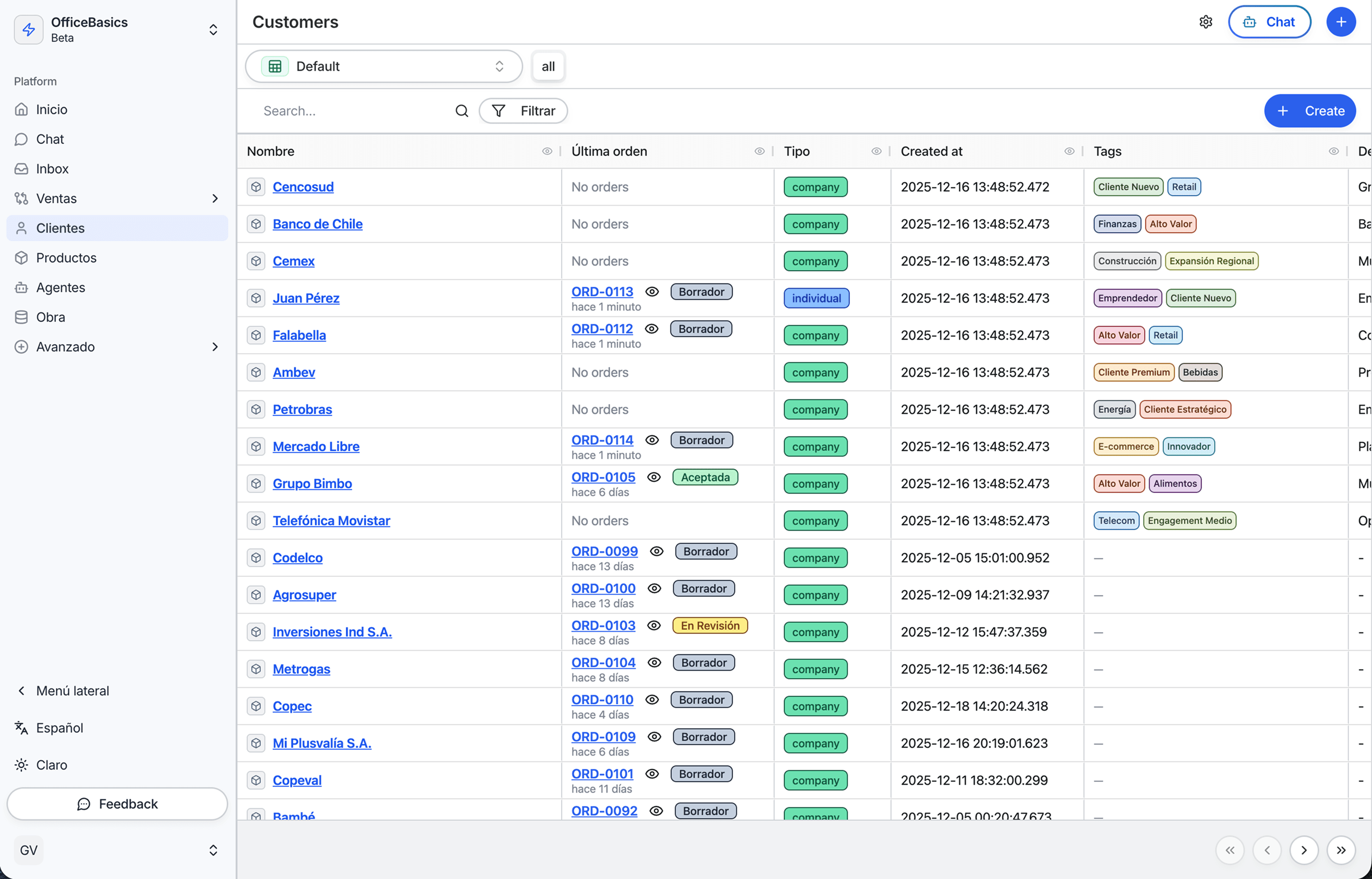 Customers table in Recerc showing tags and latest orders