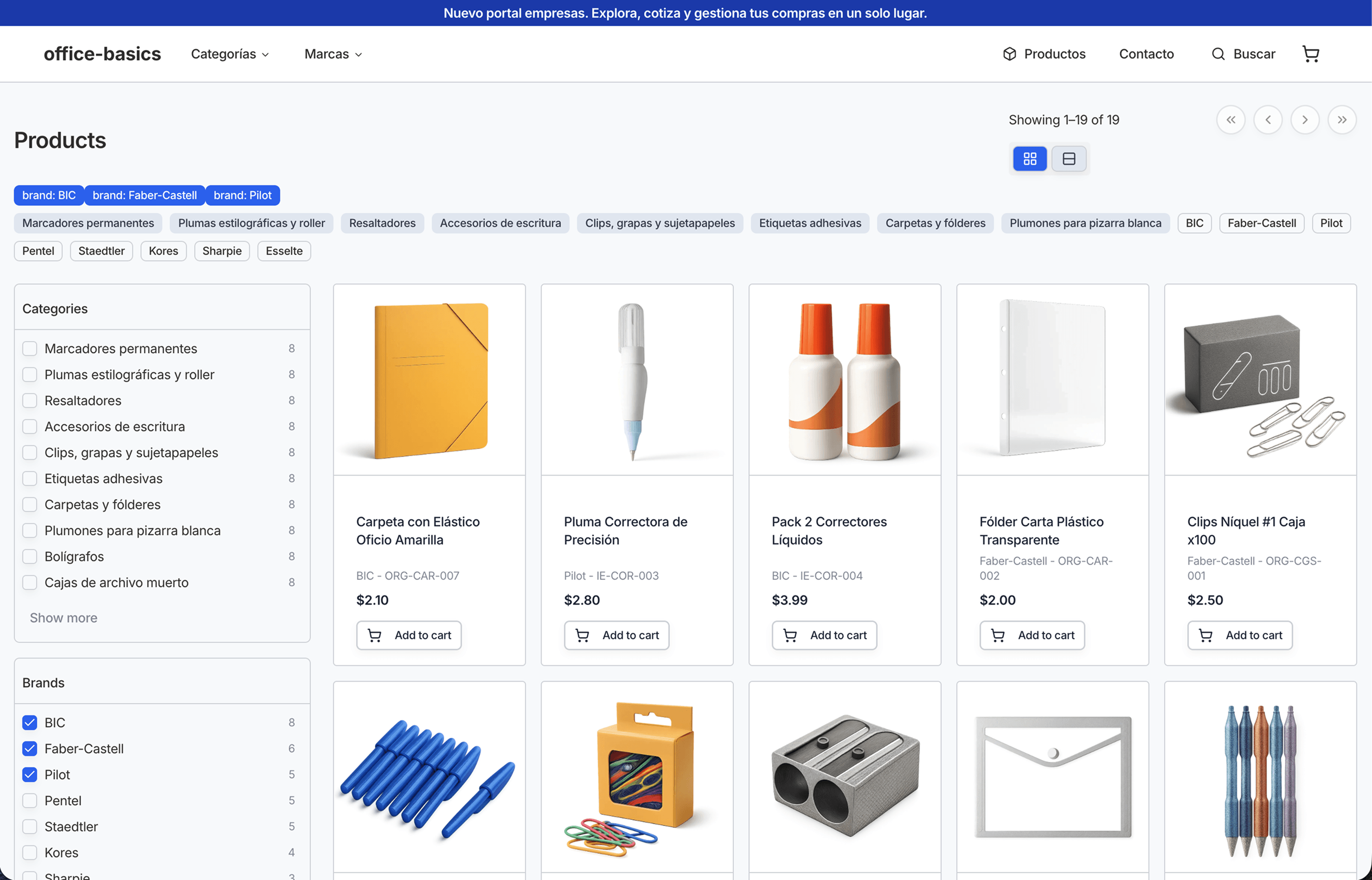 B2B portal product catalog with categories and add to cart