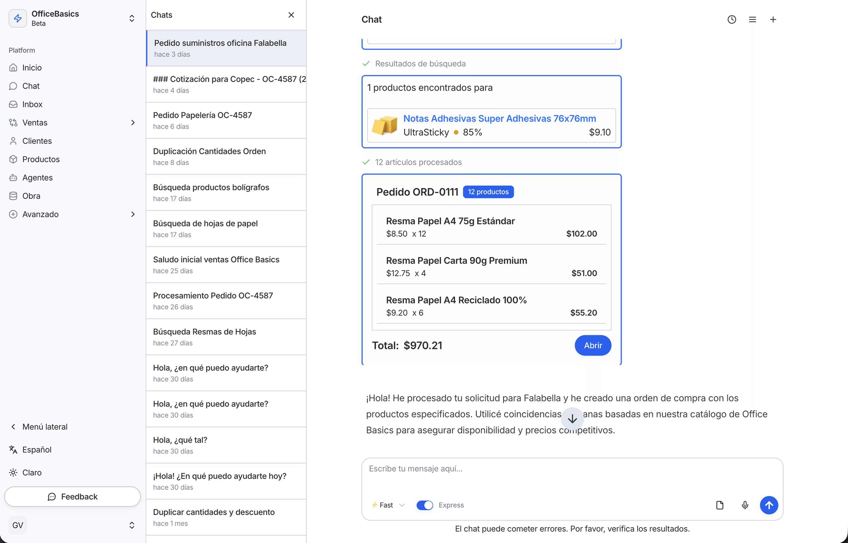 Chat interface with product results and a generated order