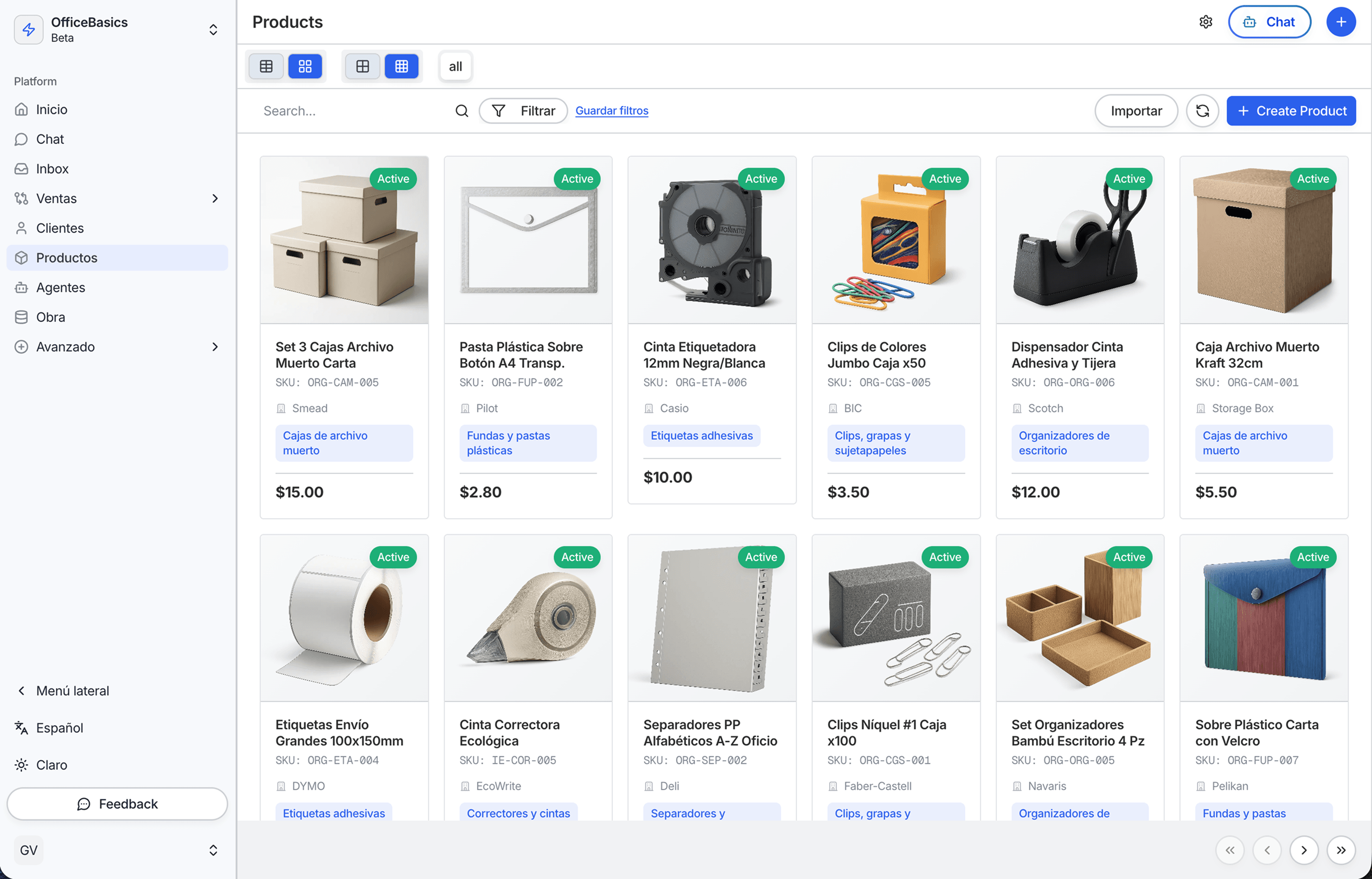Products table with SKUs, prices and categories
