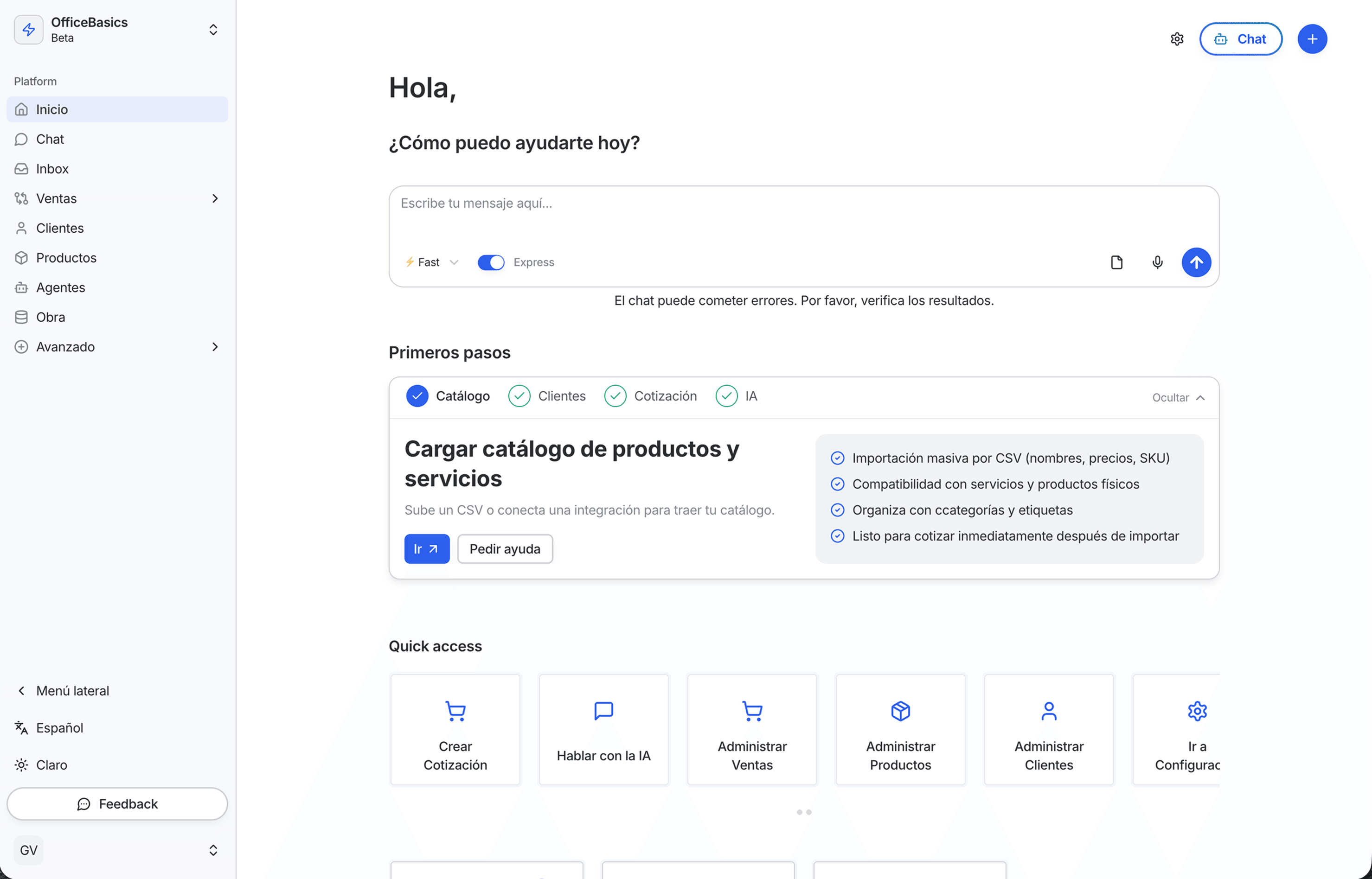 Panel de inicio con checklist de primeros pasos