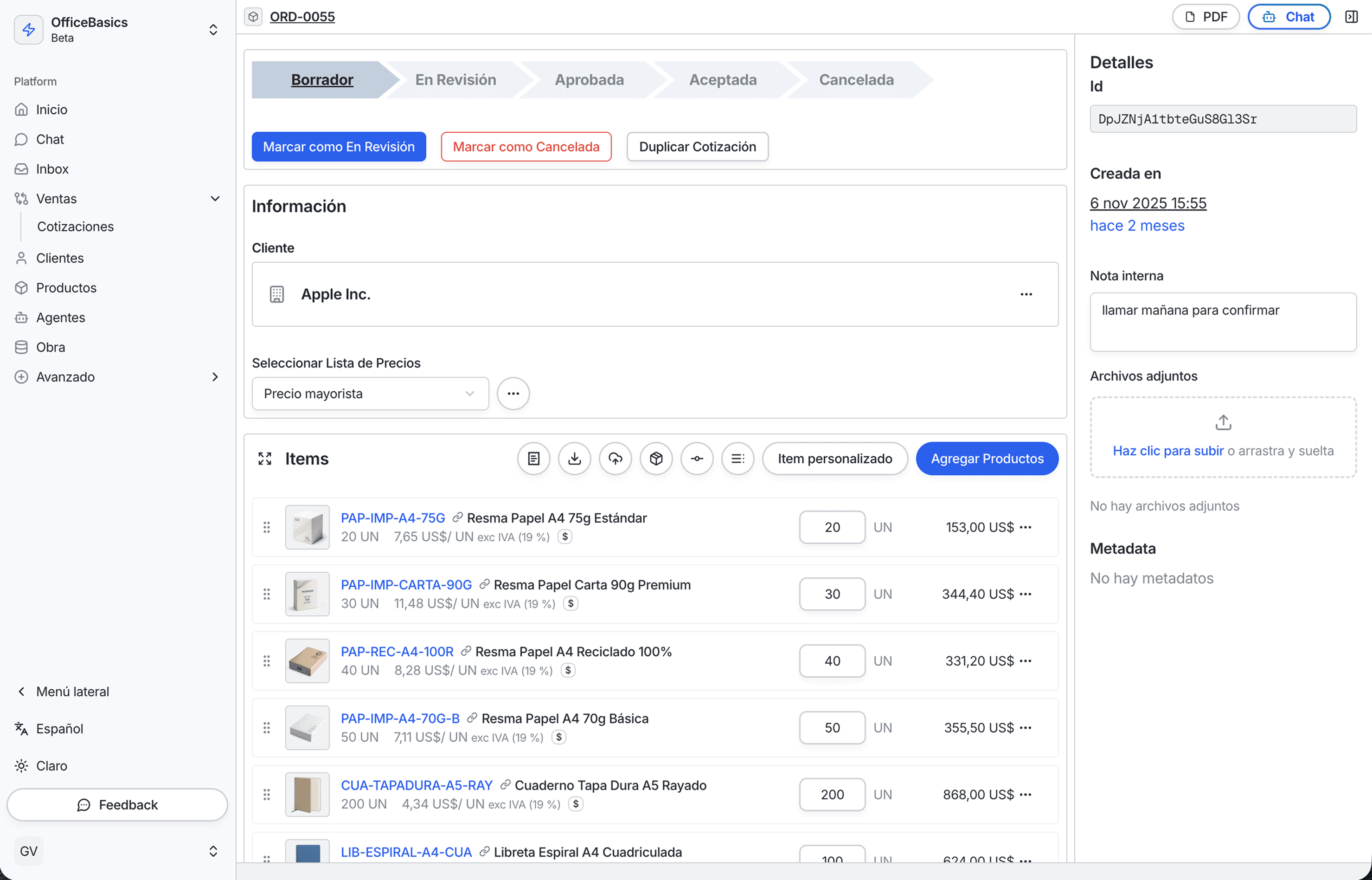 Quote page showing status steps and editable items list