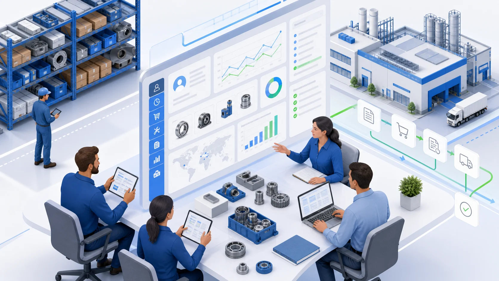 Equipo comercial B2B desarrollando cuentas con inteligencia operativa, historial de clientes y recomendaciones
