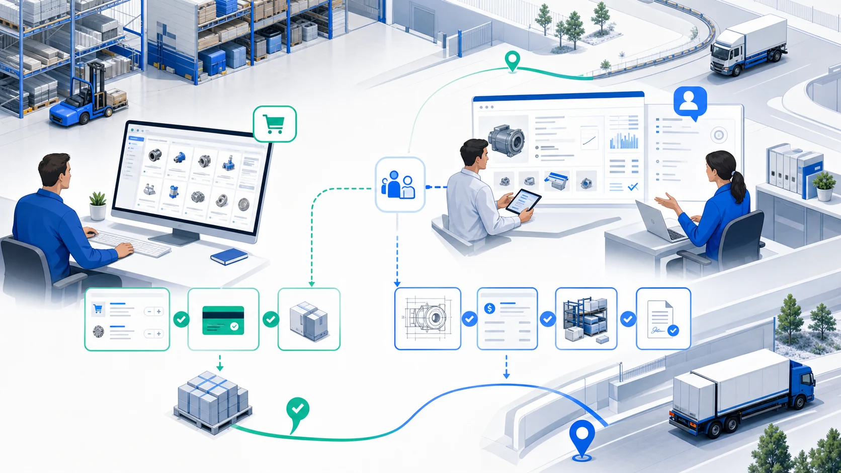 Industrial B2B portal handling simple reorders and routing complex sales to the commercial team