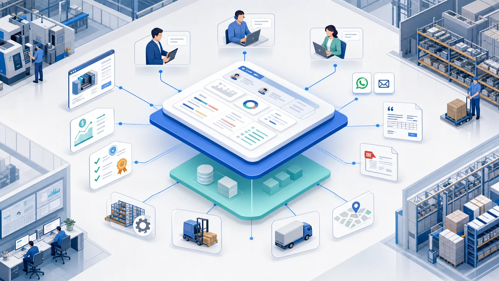 Capa comercial-operativa conectando ERP, vendedores, clientes, pricing, aprobaciones, stock y logística