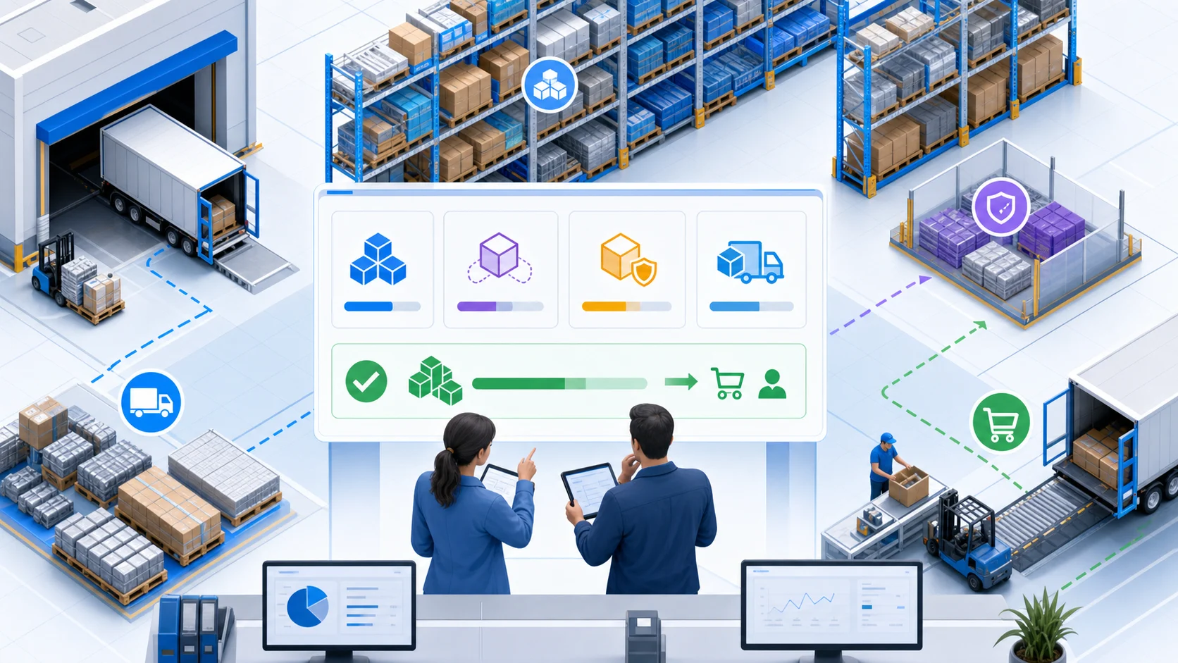 Industrial warehouse distinguishing physical, reserved, quality hold, incoming, and sellable stock