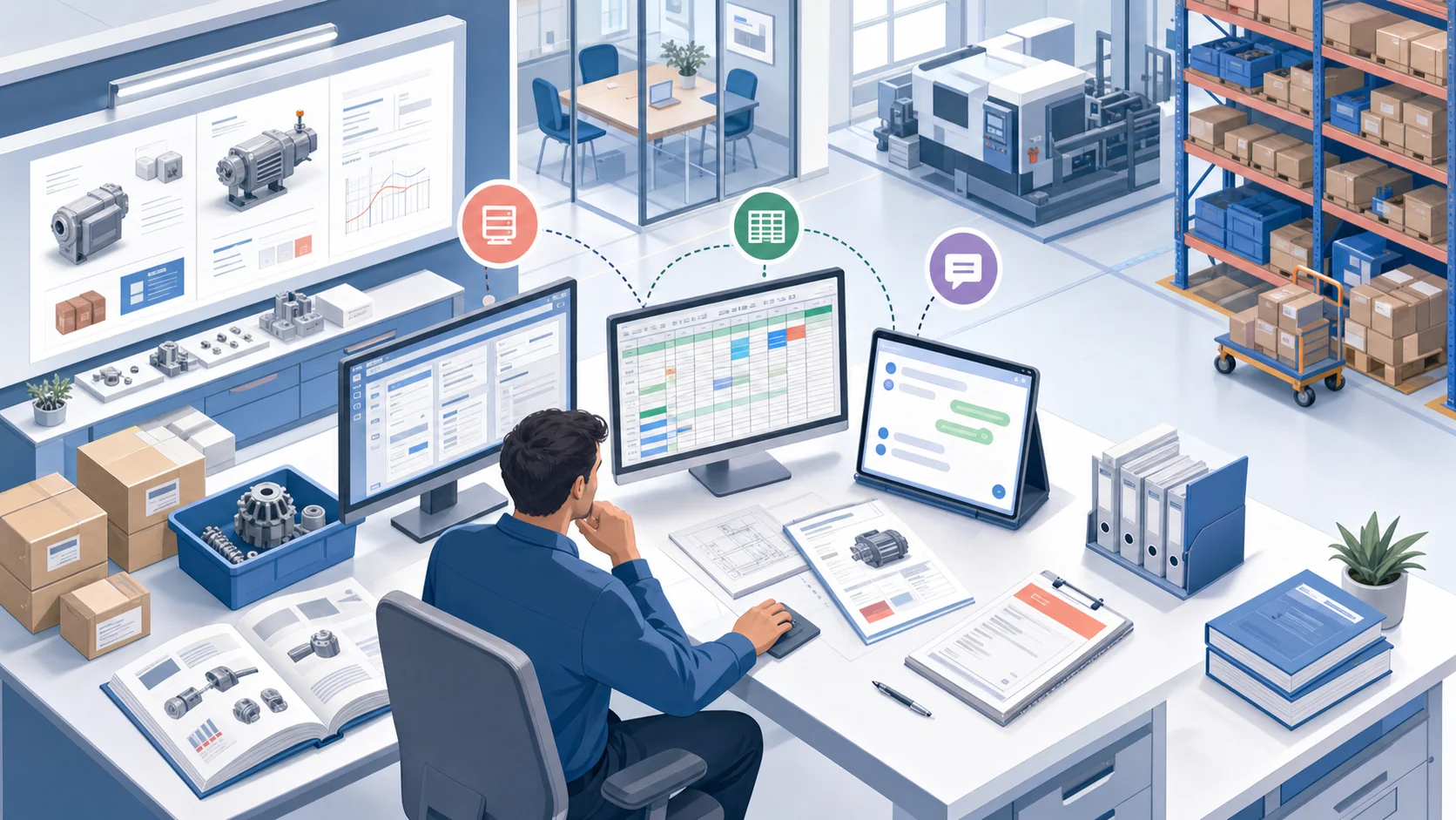 Industrial seller preparing quotes across ERP, Excel, WhatsApp, technical manuals, and warehouse stock